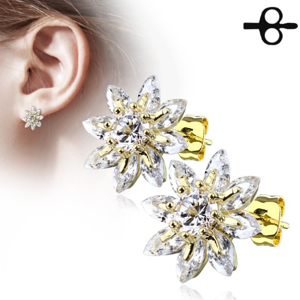 Elegáns nemesacél fülbevaló – arany kristályokkal virág