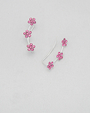 Ezüst fülbevaló - három rózsaszín virágok