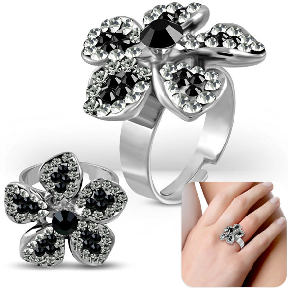 Állítható gyűrű - fekete/fehér virág